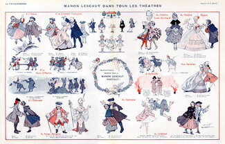 Léonce Burret 1913 Manon Lescaut, Theatre Costume, Mistinguett, Ida Rubinstein, Vaslav Nijinsky, Caricature