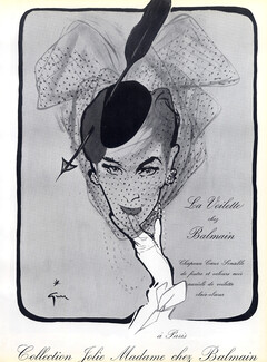 Pierre Balmain 1952 Hat, Coat, René Gruau, Voilette & Manteau du soir, Perrot