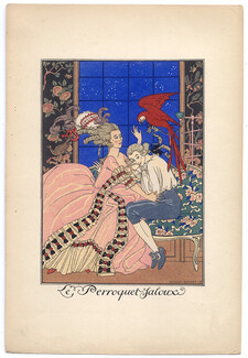 George Barbier 1920 La Guirlande, Le Perroquet Jaloux, Pochoir, Parrot, Lover