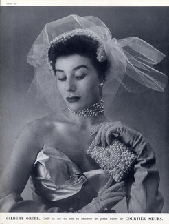 Gilbert Orcel (Millinery) 1951 Evening Bag and headgear in iridescent Pearls, Photo Georges Saad