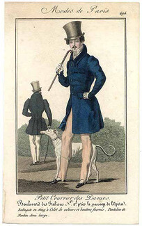 Petit Courrier des Dames 1827 Modes de Paris N°494 Dandy, Sighthound, Greyhound