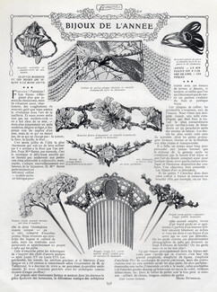 Bijoux de l'Année, 1905 - Lucien Gaillard Dragonfly Pearls Necklace, Combs, Bracelet Feather of Peacock, Art Nouveau Style, Text by Henri Duvernois