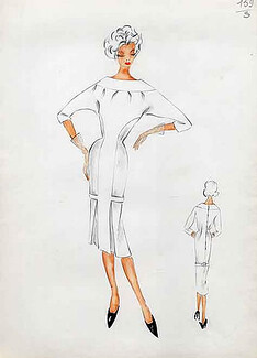 Original sketch in the graphite and the watercolor, for a 1950s Album of fashion trends