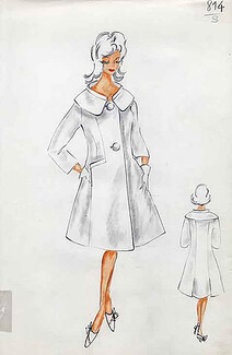 Original sketch in the graphite and the watercolor, for a 1950s Album of fashion trends