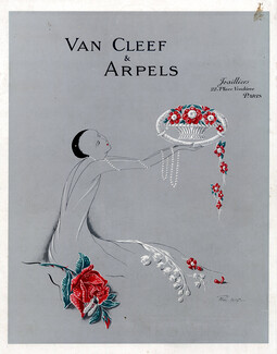 Van Cleef & Arpels 1927 Pearls Necklace, Flowers Brooch, Art Deco, René Sim Lacaze