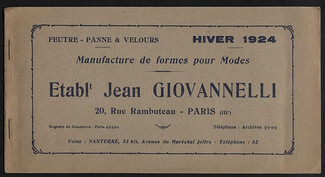 Ets Jean Giovannelli (Millinery) 1924 Feutre, Panne & Velours Hats, Catalog 4 Pages, 4 pages