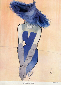 Christian Dior 1949 René Gruau, The Blue Hat, Dress