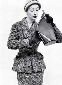 Schiaparelli 1953 Tailleur Tweed, Boutons de bois, Innovation Handbag, E. Meyer & Cie, Philippe Pottier
