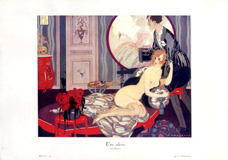 A. Chazelle 1925 Une Alerte - Alarm ! Decorative Arts, Nude Model, Painter, Black Cat