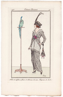 Loeze 1913 Journal des Dames et des Modes Costumes Parisiens Pochoir N°90 Parrot