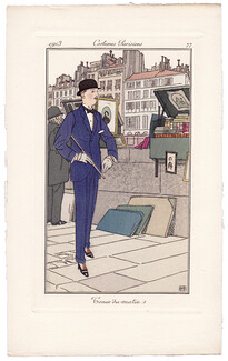 Bernard Boutet de Monvel 1913 Journal des Dames et des Modes Costumes Parisiens Pochoir N°77 Men's Clothing Book stalls along the Seine