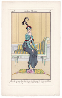1913 Journal des Dames et des Modes Costumes Parisiens Pochoir N°75 Recamier Sofa, Elegant Parisienne