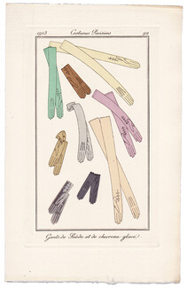 1913 Journal des Dames et des Modes Costumes Parisiens Pochoir N°92 GLOVES