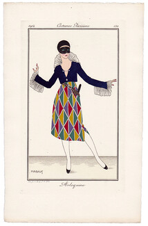 Fabius Lorenzi 1914 Journal des Dames et des Modes Costumes Parisiens Pochoir N°152 Harlequin
