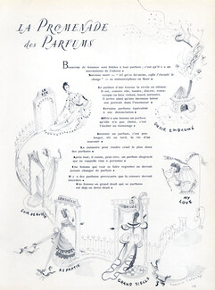 La Promenade des Parfums, 1949 - Françoise Estachy Perfumes Balenciaga, Lentheric, Rigaud, Arden, Sauze, Dior, Chanel, Guerlain, 4 pages