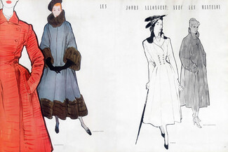 René Gruau 1948 Winter Coats, Balenciaga, Jacques Fath, Worth, Mad Carpentier