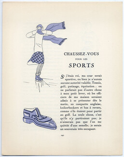 Chaussez-vous pour les Sports, 1924 - Pierre Mourgue, Perugia, Ice Skating, Golf, Tennis, Hunting. La Gazette du Bon Ton, n°6, Text by Vaudreuil, 4 pages