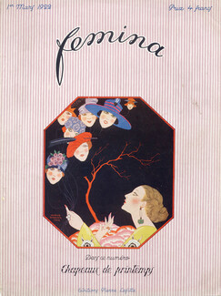 George Barbier 1922 Femina Cover, Hats, Art Deco