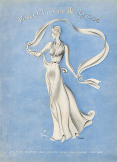 René Gruau 1938 Madeleine Vionnet, Worth, Jeanne Lanvin, Alix, Porcelaines de Wedgwood, 4 Drawings, 4 pages