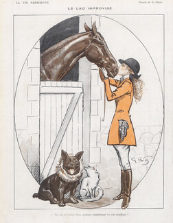 Georges Pavis 1919 The Stable-lad, French Bulldog, Cat, Horse