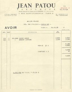 Jean Patou (Perfumes) 1958 invoice