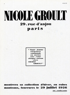 Nicole Groult (Couture) 1926 Ad