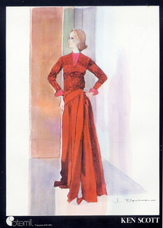 Sylvia Braverman 1977 Cotemil Fabric, Ken Scott Portrait, red Evening Gown
