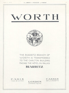 Worth (Couture) 1926 Label, 7 rue de la Paix Paris, 3 Hanover Square London, Cannes sur la Coisette