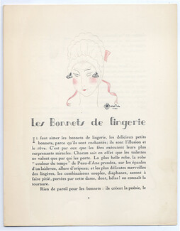 Les Bonnets de lingerie, 1921 - M. M. Baratin Hats, La Gazette du bon Ton, Texte par Robert Burnand, 4 pages