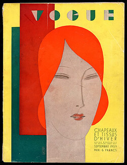 Vogue Paris 1929 September, Benito, Art Deco Cover, Chapeaux d'Automne et Tissus d'Hiver