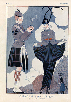 George Barbier 1915 "Chacun son Kilt", National Costume Scottish, Elegant Parisienne, Art Deco Style