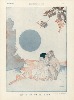Au Clair de la Lune, 1916 - Blampied Faun, Woman dressed as Pierrot, Moonlight
