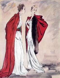 Marcelle Chaumont & Worth 1946 Evening Gown Mourgue Fashion Illustration