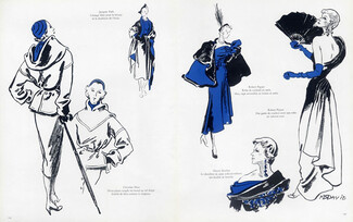 Le Bleu et le Noir, 1949 - M.S David The Blue and the Black, Schiaparelli, Piguet, Fath, Dior, Rochas, Balmain, Nina Ricci, Jeanne Lafaurie..., 4 pages