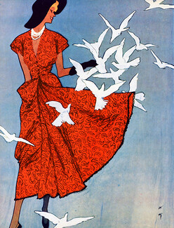 Jeanne Lafaurie 1949 René Gruau, Fashion Illustration, Bird