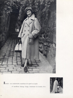 Hermès (Coat, Handbag) 1948 Manteau de sport, boutonné de boules d'or, Philippe Pottier