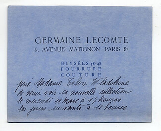 Germaine Lecomte (Couture) 1936 Invitation Card