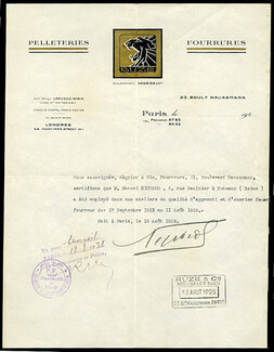 Ruze & Cie (Fur Clothing) 1928 Negrier & C° (Successor) Attestation of Employment