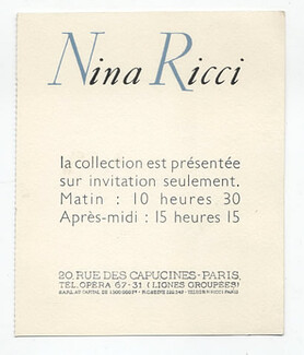 Nina Ricci (Couture) 1940s Invitation Card