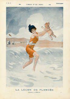 René Préjelan 1914 l'Amour et les Sports...La leçon de Plongée, Bathing Beauty, Angel