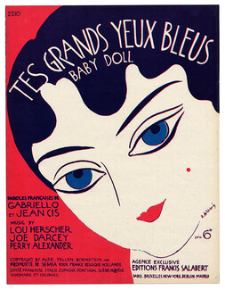 De Valerio 1928 Tes Grands Yeux Bleus Baby Doll, American Music, Art Deco Music Score, 4 pages