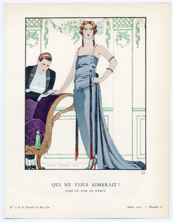 Qui ne vous Aimerait ?, 1922 - George Barbier, Robe du soir de Worth. La Gazette du Bon Ton, n°4 — Planche 28