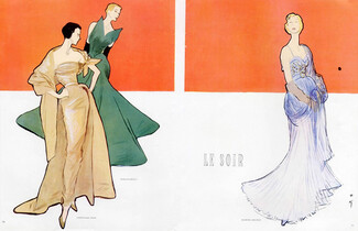 René Gruau 1949 Christian Dior, Schiaparelli, Marcel Rochas, Evening Gown