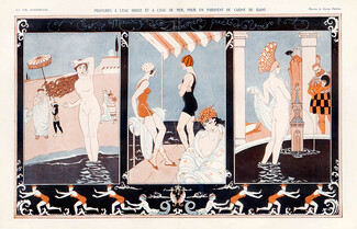George Barbier 1918 Paravent de Cabine de Bains, Swimmer, Bathing Beauty Nude, Bath screen