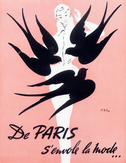 Pierre Simon 1957 Fashion Illustration, "Trois Hirondelles"