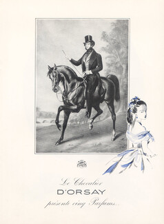 D'Orsay 1945 6 illustrated Pages, 5 Perfumes, Milord, Belle de Jour, Mystère, Trophée, Le Dandy, André Delfau, 6 pages