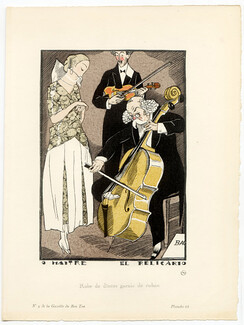 O Maître el Relicario, 1920 - Fernand Simeon, Robe de dîners garnie de ruban, Violoncelle, Violon. La Gazette du Bon Ton, n°9 — Planche 66
