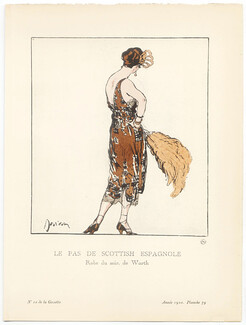 Le Pas de Scottish Espagnole, 1920 - Etienne Drian, Robe du soir de Worth. La Gazette du Bon Ton, n°10 — Planche 79