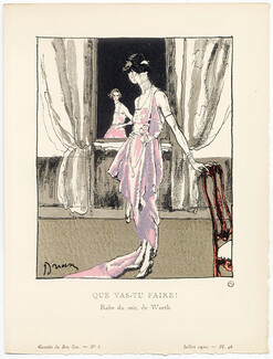 Que vas-tu faire !, 1920 - Etienne Drian, Robe du soir de Worth. La Gazette du Bon Ton, n°6 — Planche 46