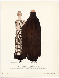 La Cape Admirable, 1922 - Georges Lepape, Robe et manteau pour l'après-midi de Martial et Armand. La Gazette du Bon Ton, n°9 — Planche 64
